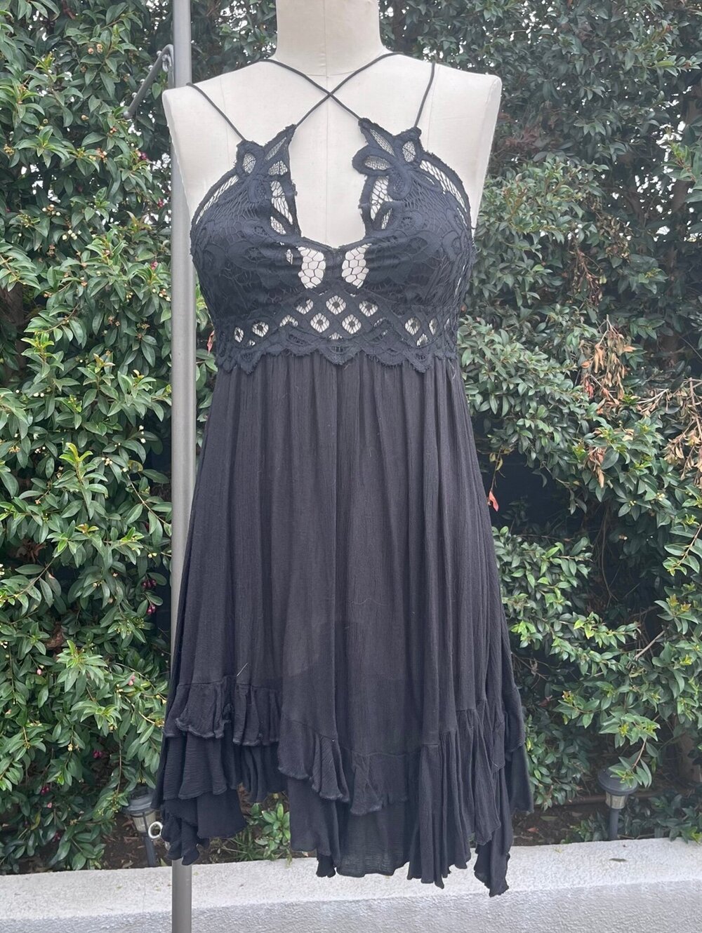 NWT Free People Whimsy Slip Black Lace Crochet Strappy Swing Mini Dress S
